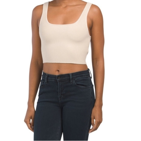 NWT HOUSE OF HARLOW 1960 sand Square Neck Crop Compression Knit Top TAN - Picture 1 of 2